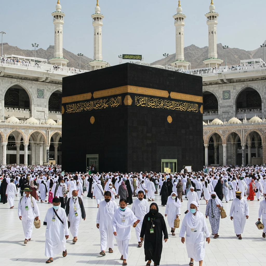 A close-up, daytime view of the Holy Kaaba in Mecca, showing the intricate gold calligraphy on the Kiswah. Crowds of Muslim pilgrims are seen performing Tawaf on the white marble floor, with the grand minarets of Masjid al-Haram in the background
